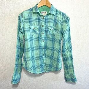 American Eagle Woman Green Blue Stripe Plaid Shirt Size 0